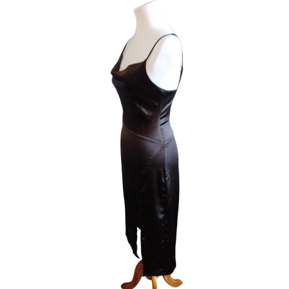 Vintage D&M Satin Slip Dress Black Draped Front High Cut Slit Midi Dress Sz XS - Picture 4 of 9